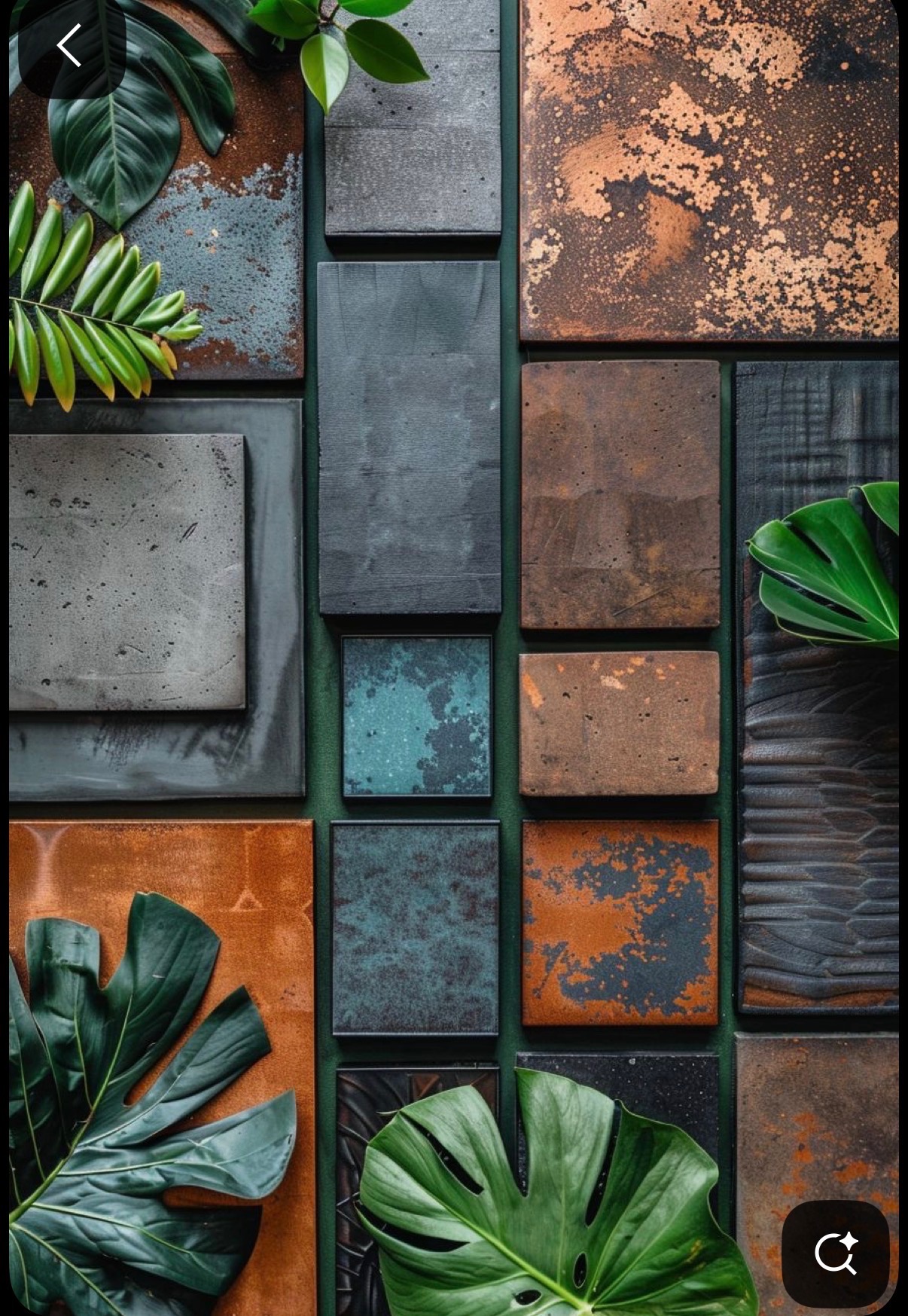 Rich teal and copper tile with tropical leaves